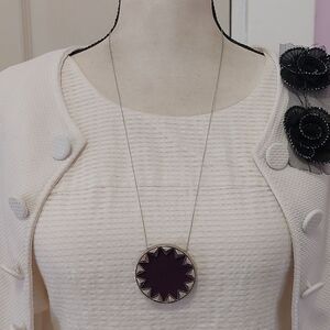 House of Harlow 1960 Sunburst Pendant with Leather Accent Silver Tone 27" Long